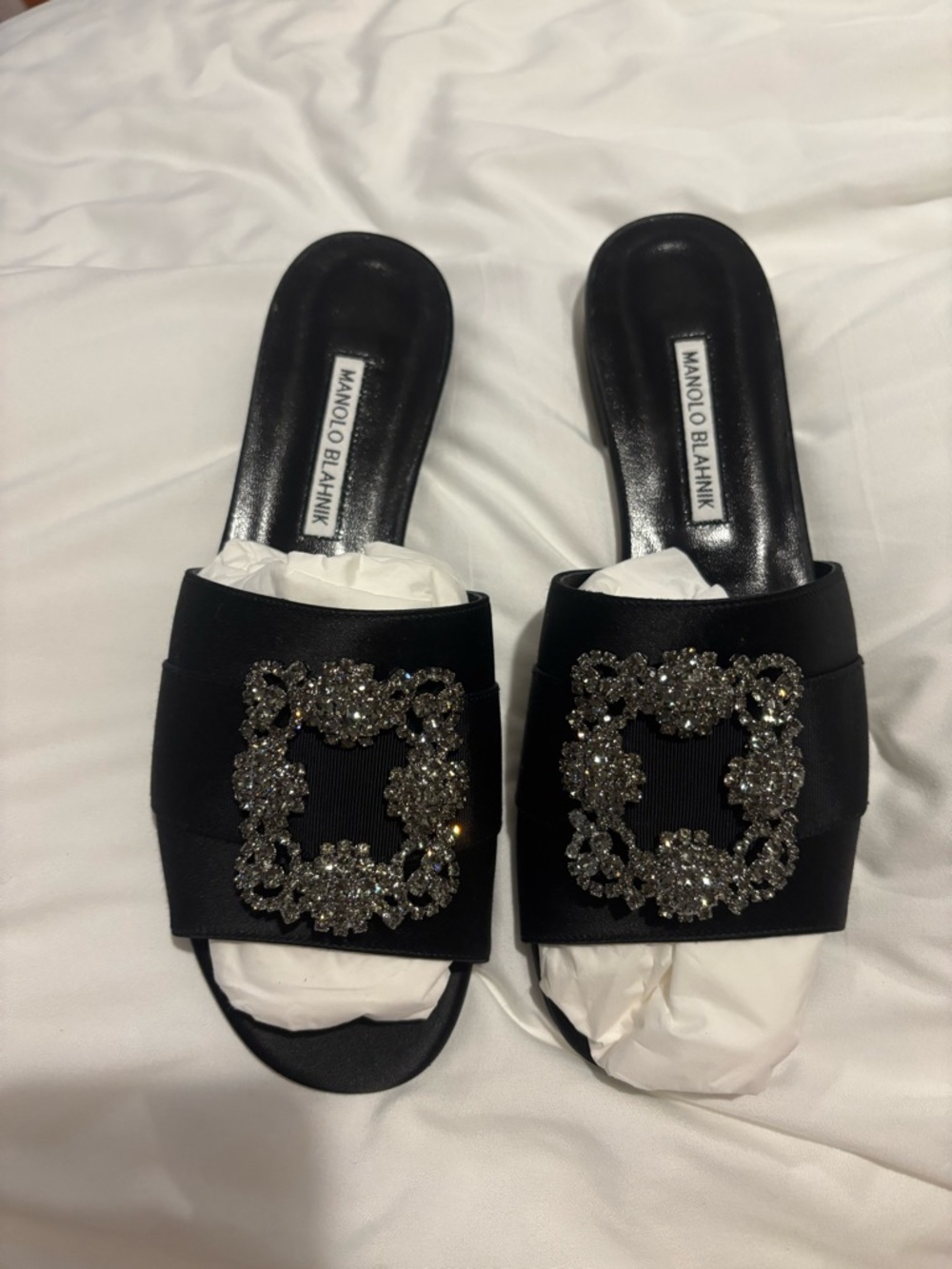 Manolo Blahnik MARTAMOD Black Satin Jewel Buckled Sliders